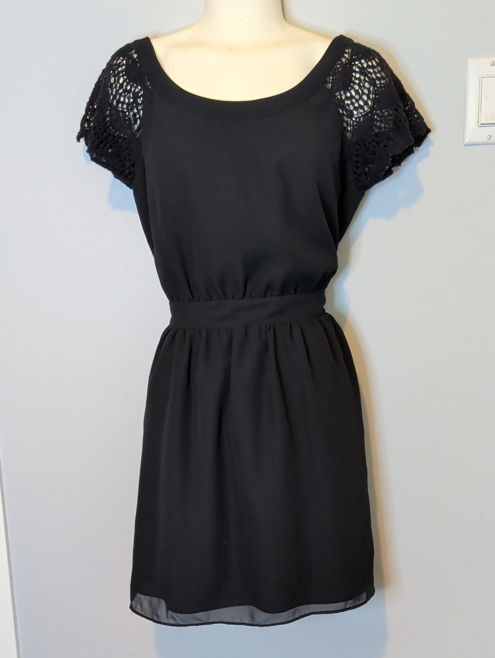 BCBG Black Mini Dress with Crochet Cap Sleeves
